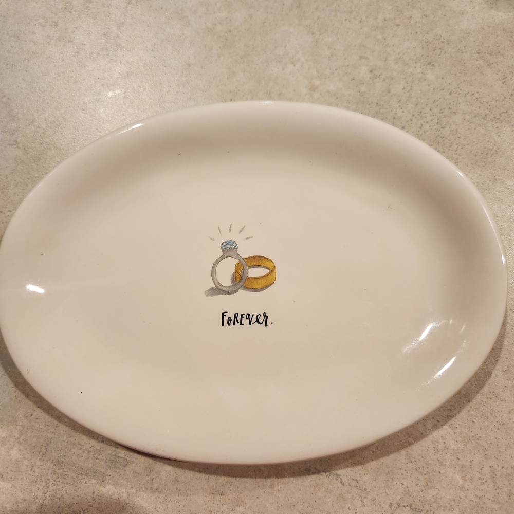Rae Dunn White Oval Plate with Gold and Silver Rings